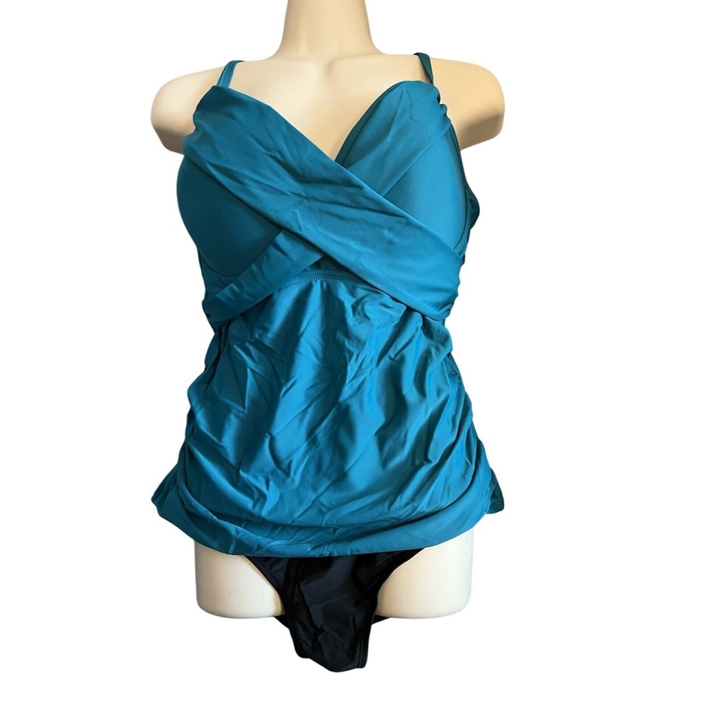 Teal Blue Ruched Crossover Tankini Top Women US 14 Large Modest Swimwear